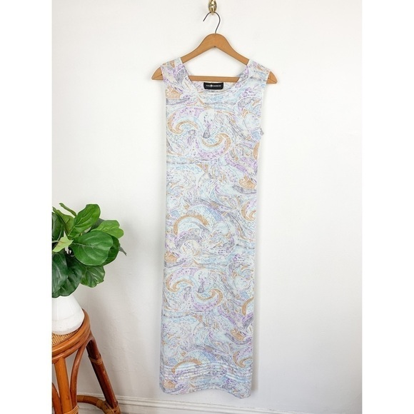 Vintage Dresses & Skirts - Vintage 90s Sag Harbor Pastel Eclectic Swirl Tie Back Maxi Dress Sz 8